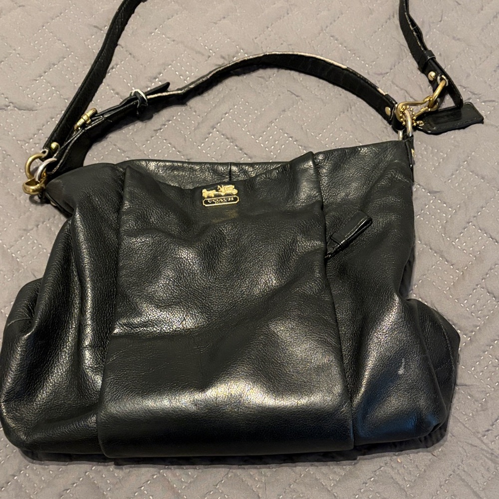 Coach Black Leather Hobo Bag with Gold Accents